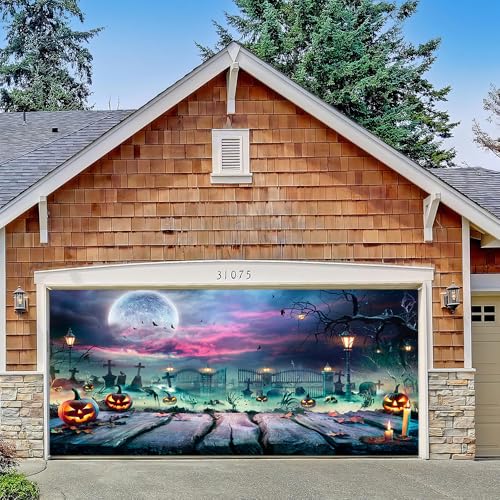 Hixingo Garagentor Banner Halloween Tür Banner mit Ösen und Seil, 3D Gruseliger Kürbis Grab Halloween Party Banner Poster Foto-Hintergrund für Haustür Wand Garage Türdeko (Farbe H,480x230cm) von Hixingo