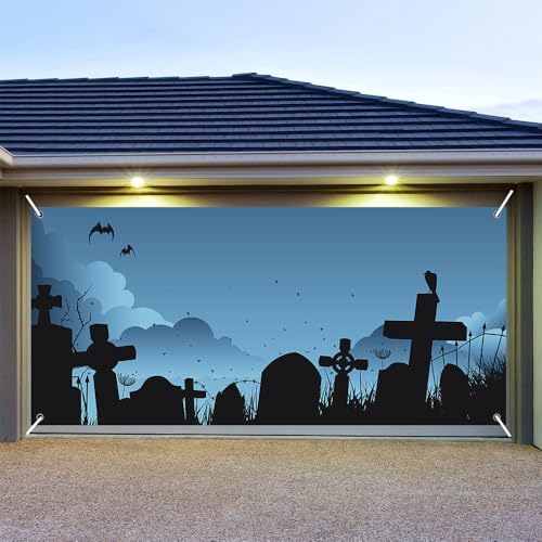 Hixingo Garagentor Banner Tür Banner, Halloween Banner Poster Party Banner Hintergrund Türdeko Haustür Halloween Outdoor Deko für Veranda Wand (Blauer Friedhof,200x150cm) von Hixingo