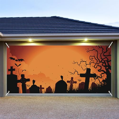 Hixingo Garagentor Banner Tür Banner, Halloween Banner Poster Party Banner Hintergrund Türdeko Haustür Halloween Outdoor Deko für Veranda Wand (Orangefarbener Friedhof,240x210cm) von Hixingo