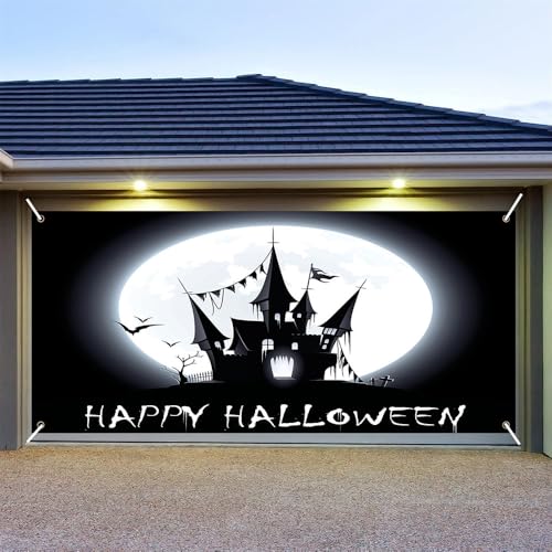 Hixingo Garagentor Banner Tür Banner, Halloween Banner Poster Party Banner Hintergrund Türdeko Haustür Halloween Outdoor Deko für Veranda Wand (Schloss im Mondschein,480x210cm) von Hixingo