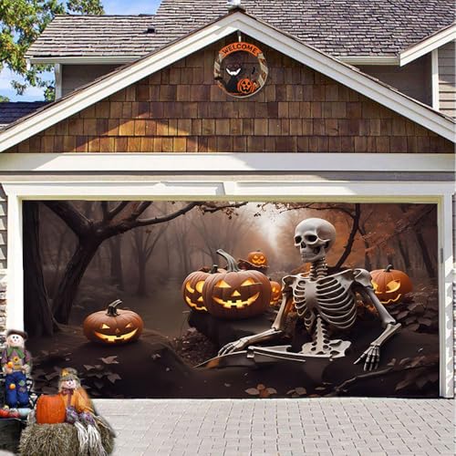 Hixingo Garagentor Banner Tür Banner, Halloween Menschliches Skelett Banner Poster Party Banner Hintergrund Türdeko Haustür Halloween Outdoor Deko für Veranda/Wand (200x150cm,Orange) von Hixingo