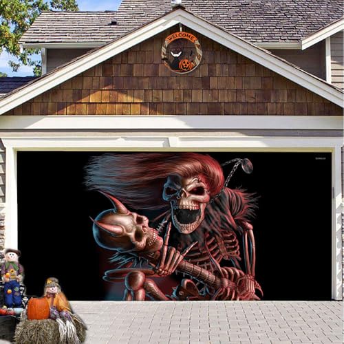 Hixingo Garagentor Banner Tür Banner, Halloween Menschliches Skelett Banner Poster Party Banner Hintergrund Türdeko Haustür Halloween Outdoor Deko für Veranda/Wand (200x150cm,Rot) von Hixingo