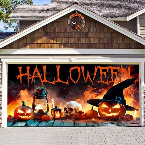 Hixingo Garagentor Banner Tür Banner, Happy Halloween Kürbis Banner Poster Party Banner Hintergrund Türdeko Haustür Halloween Outdoor Deko für Veranda Wand (Halloween-Feuer,200x150cm) von Hixingo