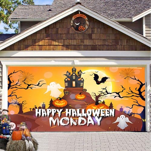 Hixingo Garagentor Banner Tür Banner, Happy Halloween Kürbis Banner Poster Party Banner Hintergrund Türdeko Haustür Halloween Outdoor Deko für Veranda Wand (Orangenes Schloss,240x210cm) von Hixingo