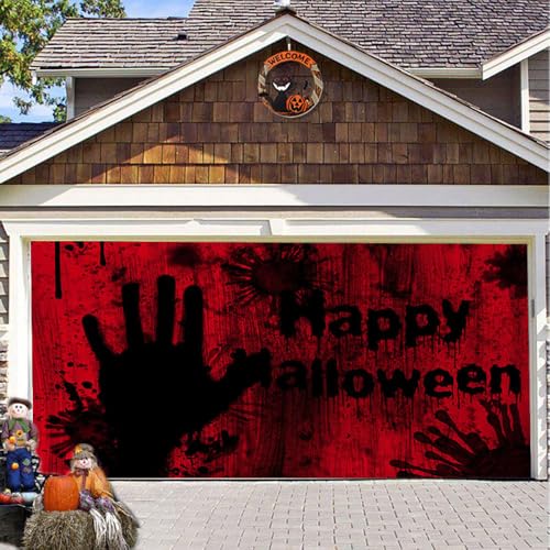 Hixingo Garagentor Banner Tür Banner Happy Halloween Banner Poster Party Banner Hintergrund Türdeko Haustür Halloween Outdoor Deko für Dekoration Veranda Wand (Blutige Hand,400x180cm) von Hixingo