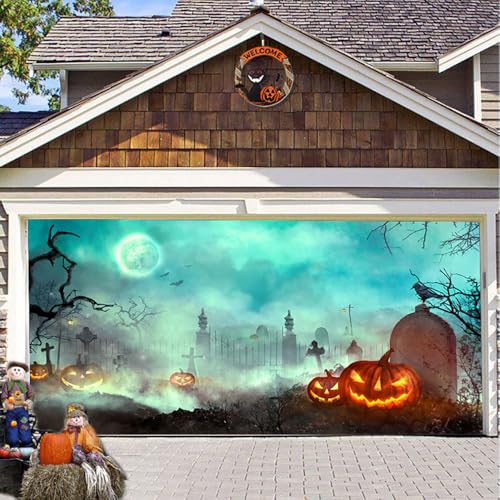 Hixingo Garagentor Banner Tür Banner Happy Halloween Banner Poster Party Banner Hintergrund Türdeko Haustür Halloween Outdoor Deko für Dekoration Veranda Wand (Grabstein,240x210cm) von Hixingo