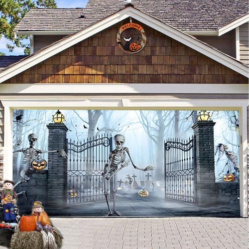 Hixingo Halloween Garagentor Banner Neuheit Tür Banner, Banner Poster Party Banner Hintergrund Türdeko Haustür Outdoor Deko für Dekoration Veranda (Skelett Willkommen,240x210cm) von Hixingo