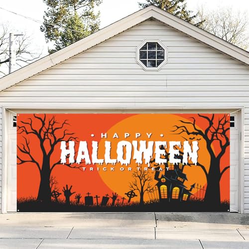 Hixingo Halloween Garagentor Banner Tür Banner, Banner Poster Party Banner Hintergrund Türdeko Haustür Halloween Outdoor Deko für Veranda Wand (Friedhof,180x400cm) von Hixingo