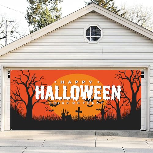 Hixingo Halloween Garagentor Banner Tür Banner, Banner Poster Party Banner Hintergrund Türdeko Haustür Halloween Outdoor Deko für Veranda Wand (Orange,150x210cm) von Hixingo