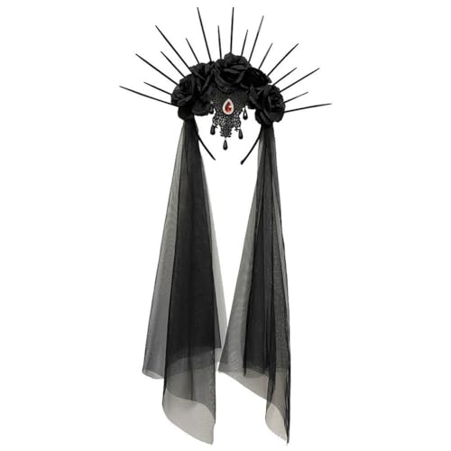 HiyyFloy Halloween Schleier Stirnband Krone Gothic Schwarz Rose Schleier Stirnband Cosplay Halloween Party Cosutmes Requisiten Kopfbedeckung Kopfbedeckung von HiyyFloy