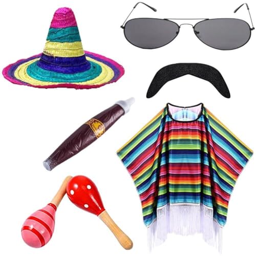 HiyyFloy Mexikanisches Streifen-umhang-set, Mexikanischer Hut, Sonnenbrille, Rauchpfeife, Poncho-kostüm, Ausgefallene Mexikanische Sombrero-kostüme von HiyyFloy