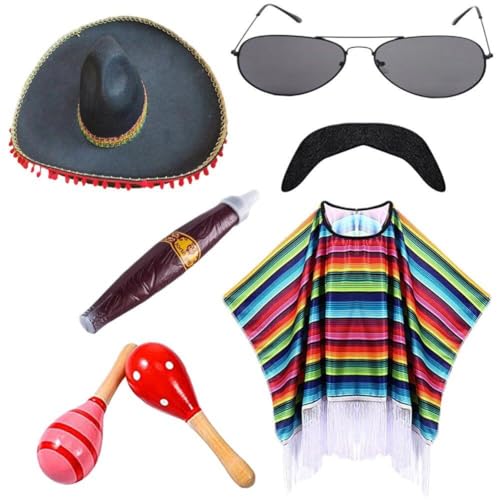 HiyyFloy Mexikanisches Streifen-umhang-set, Mexikanischer Hut, Sonnenbrille, Rauchpfeife, Poncho-kostüm, Ausgefallene Mexikanische Sombrero-kostüme von HiyyFloy