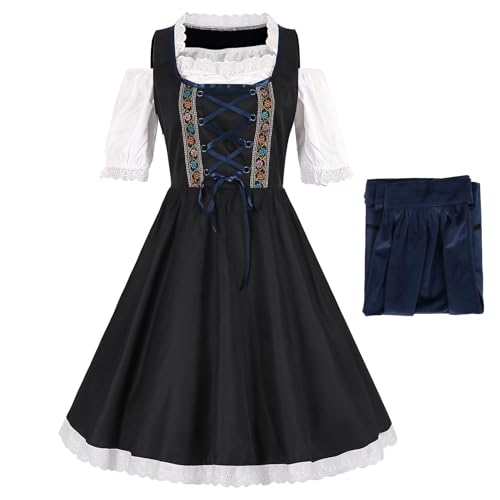 Hjatirace Bayerisches Wench Kostüm, Oktoberfest Outfits Damen, Weiß & Schwarz Kleid mit angenähter Schürze, Oktoberfest Fasching, Erwachsene Dress Up Kostüme für Halloween, Karneval, Oktoberfest von Hjatirace