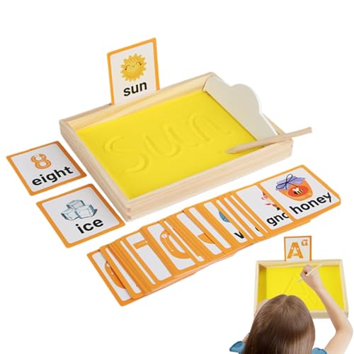 Hjatirace Sand Letter Tracing Tray, Wooden Sand Tray Box, Preschool Learning Activities, Wooden Sand Letter Tracing Tray, Preschool Alphabet Tracing Activity, Easy to Use, Portable for Kids von Hjatirace