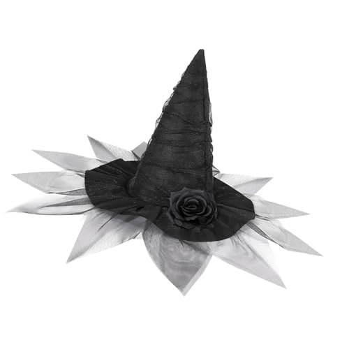 Hkfgdjdl Partyhut, Halloween-Hexenhut mit schwarzer Blume, Party-Zaubererhut, Unisex, spitze Hexenkappen, Erwachsene, Damen, Cosplay, Kostüm, Kopfbedeckung von Hkfgdjdl