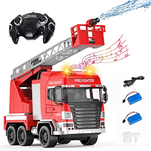 Hlieeosfcn Feuerwehrauto,Toys Fire Fighter,1:24 7-Kanal-Sprinklerwagen mit Doppelbatterien Licht & Sound, mit Wasserspritzfunktion, Leiter, für 7 8 9 10 11 Jahre alte Jungen Mädchen von Hlieeosfcn