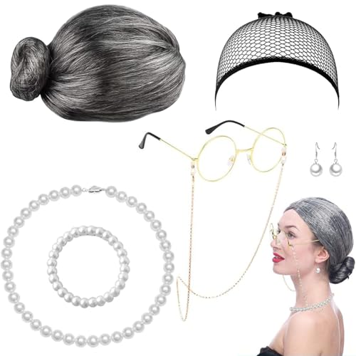 Alte Dame Cosplay Set,6 Stück Alte Frau Cosplay Set,Halloween Old Lady Kostüm,Oma Brille Ketten Armband Perlenkette,für Weihnachten Halloween Maskerade Karneval Party Cosplay von Hmdylyh