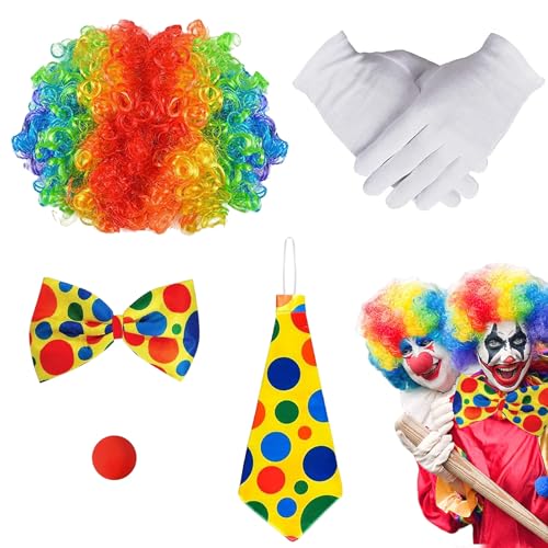 Hmdylyh 5 Stück Clown Kostüm Accessoire,Kostümzubehör Clown,Regenbogen Perücke Clown,Lockenperücke Clown,Clown Nase Handschuhe Bunte Krawatte für Halloween Cosplay Party Karneval Zirkusshow von Hmdylyh