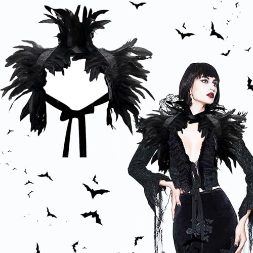 Federkragen Schwarzer Kostüm Damen,Federumhang Schwarz Maleficent Kostüm Gothic Feder Cape,Feder Umhang Schwarz,Gothic Federn Schulter,Pfau Raben Kostüm Damen für Karneval Cosplay Maskerade von Hmdylyh