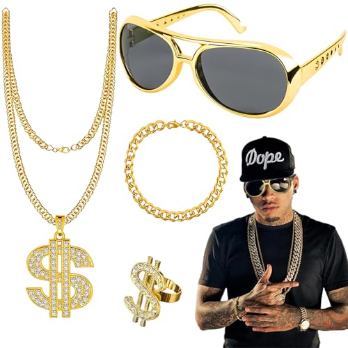 4 Stück Hip Hop Kostüm Set,80s 90s Hip Hop Rapper Accessories,Hip Hop Accessoires Herren,Dollar Kette, 1 Halskette, 1 Ringe, 1 Armbänder, 1 Paar von Sonnenbrille für Fasching oder Parteien von Hmdylyh