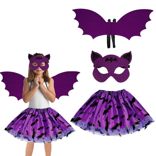 Hmdylyh Fledermaus Kostüm Mädchen,Fledermaus Flügel Kostüm,Halloween Fledermaus Kinderkostüm Lila Tutu Rock mit Maske Flügel Cosplay Kostüm,für Karneval Cosplay Halloween von Hmdylyh