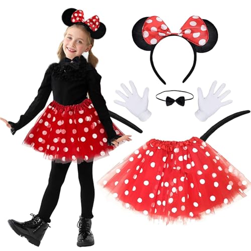 Hmdylyh Maus Mouse Kostüm,Damen Maus Mouse Kostüm,Maus Mouse Kostüm Damen Kinder,Tutu Tüllrock+Micky Maus Ohren+Handschuhe+Nase+Krawatten+Schwanz für faschingskostüme Damen und Halloween Cosplay von Hmdylyh