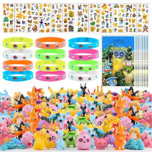 Hmfmdy Kindergeburtstag Mitgebsel Set, Cartoon Spielzeug Mini Set, Mini Figuren Set, 24PC Minifiguren Zufällig Und 12 Aufkleber für Kinder Und 12 Leuchtendes Silikon Armband Und 10PC Geschenktüten von Hmfmdy