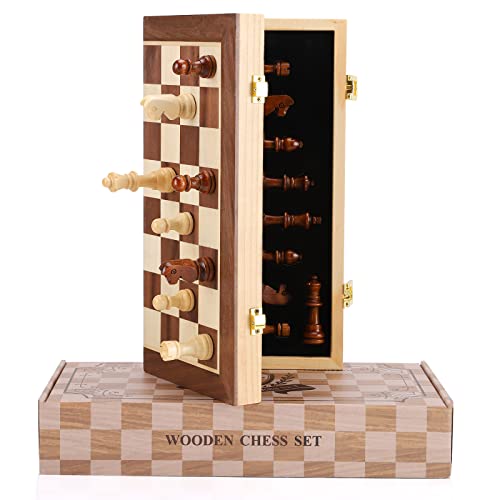 Hnoerin Schachbrett, Magnetische Schachsets Holz Reise Schach Set für Erwachsene und Kinder, Faltbares Schachbrett-Set mit handgefertigten Schachfiguren inkl. Extra Queens, Tolles Geschenk für Freunde von Hnoerin