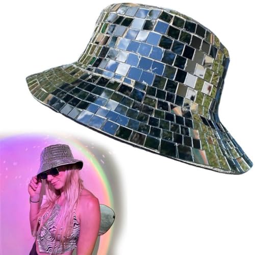 HoGeGe Discokugel Cowboyhut, Glitter Eimer Hut, 2022 Spiegel Disco Bucket Hat, Atemberaubende Discokugel Hüte, Spiegelkugel Atemberaubender Hut, Pailletten Eimer für Club Bühne Bar Party Tanz (1) von HoGeGe