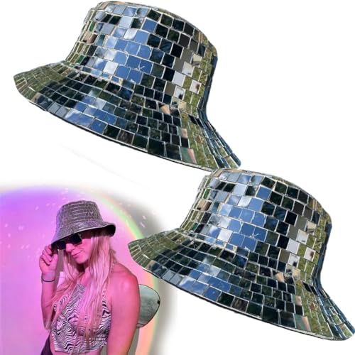 HoGeGe Discokugel Cowboyhut, Glitter Eimer Hut, 2022 Spiegel Disco Bucket Hat, Atemberaubende Discokugel Hüte, Spiegelkugel Atemberaubender Hut, Pailletten Eimer für Club Bühne Bar Party Tanz (2) von HoGeGe