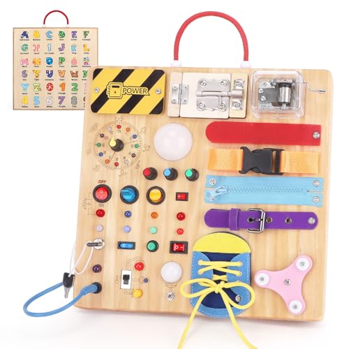 23 in 1 Busy Board Montessori Spielzeug ab 1 jahr Activity Board Holzspielzeug Mit 15 Schaltern, 26 LED Lichtern, Spieluhr, Schloss, Schnürsenkeln, Reißverschluss für 1 2 3 Jahre Jungen und Mädchen von Hoarosall