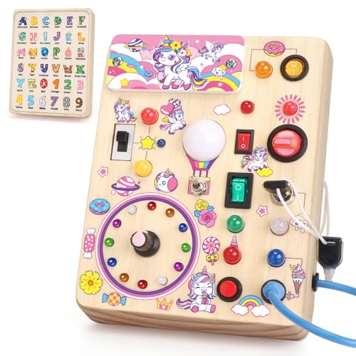 Unicorn Busy Board Montessori Spielzeug ab 1 jahr Activity Board Holzspielzeug Mit 10 Schaltern und 23 LED Lichtern Sensorik Spielzeug Motorikspielzeug für Babys und Kinder ab 1 2 3 4 Jahre Mädchen von Hoarosall