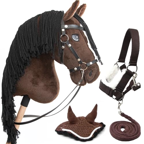 Hobby Horse A3 Bai Braun Rosshaar schwarz - Pferde - komplettes Zubehörset - Netz, Trense, Zügel, Halfter, Führstrick und Mütze braun - Pferdekopf Stick für Hobby Horsing Kinder und Jugendliche von Hobby Horse Land