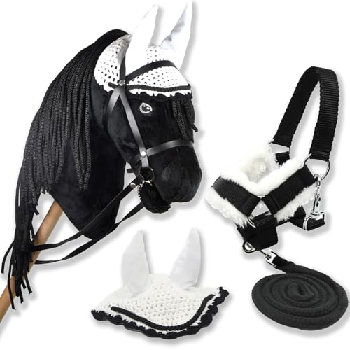 Hobby Horse Friese, Schwarz, für Hobby Horsing für Kinder und Jugendliche von 7 bis 20 Jahren - Stabpferd mit Netz, Zügeln + weißer Mütze, Muschelhalfter und schwarzer Führstrick von Hobby Horse Land