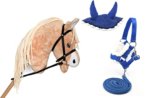 Hobby Horse Palomino Quater Horse für Hobby Horsing mit Netz, Gebissen, Zügeln + Zubehör, blaue Mütze und Halfter von Hobby Horse Land