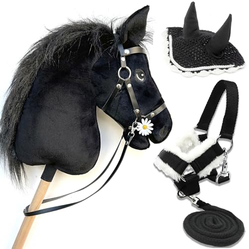 Hobby Horse Schwarz A3 reines Blut, komplettes Stabpferd mit Netz, Trense, Zügel, Halfter Schwarz, Führstrick und schwarze Mütze, Pferdekopf Stock für Hobby Horsing Kinder und Jugendliche von Hobby Horse Land