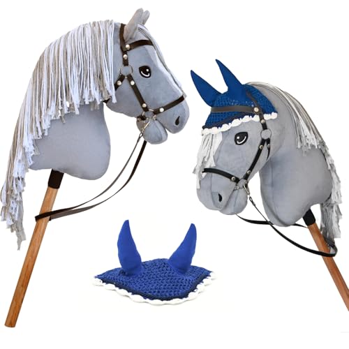 Hobby Horse grau A3, Pferd, komplett mit Netz, Gebiss, Zügel und blauer Insektenmütze, Pferdekopf für Hobby Horsing Kinder und Jugendliche von Hobby Horse Land