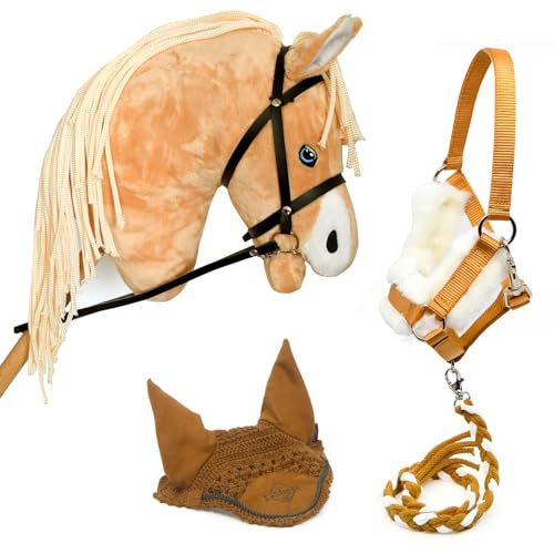 Hobby Horse Land Komplettes Hobby Horse Set Quater Horse Palomino + Netz + Halfter + Führstrick + Insektenschutzhaube, Pferde Stock für Hobby Horsing Aktivitäten, Alter: Little Kid, Big Kid von Hobby Horse Land