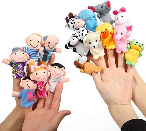 Baby-Fingerpuppen, Set mit 10 kleinen Tier-Fingerpuppen und 6 Stück Familienmitglieder-Fingerpuppen, Plüsch-Cartoon-Handpuppenspielzeug für Kinder von HobbyLane