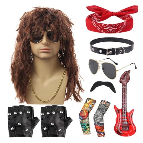 Hobngmuc 80er Jahre Rocker Kostüm Outfit Herren,Rocker Kostüm Set, 10-teiliges Halloween-80er-Jahre-Rocker-Kostüm-Set, Punk-Par -Kostümzubehör, inklusive Perücke, Stirnband, Kragen, Sonnenbrille, von Hobngmuc