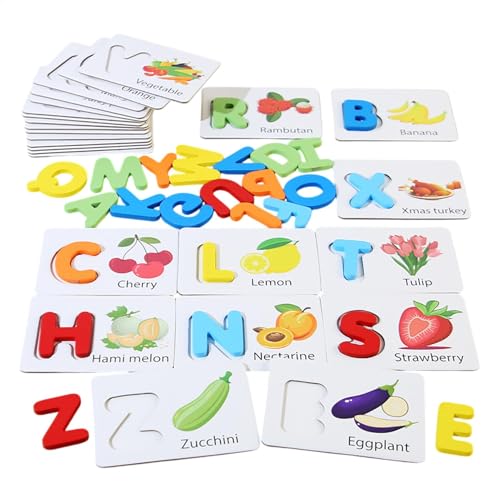 Hobngmuc Alphabet-Matching-Kartenspiel, Rechtschreib-Lernspielzeug - Passende Alphabet-Puzzlekarten aus - Fruchtkognition, Rechtschreibung, englische Wörter, Karten, Spielzeug für von Hobngmuc