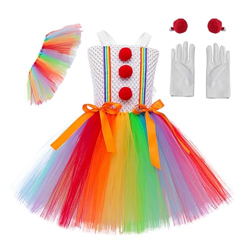 Hobngmuc Clown-Kostüm für Mädchen, Mädchen-Clown-Kostüm,Fancy Dress Up Clown-Kostüm | Prinzessinnen-Kleid-Set, Regenbogen-Tutu-Kleid, Mädchen-Cosplay-Outfit für Halloween, Karneval und Rollenspiele von Hobngmuc