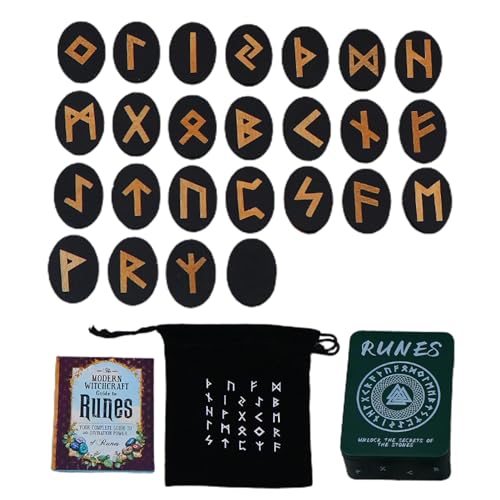 Hobngmuc Hexenrunen Set,Wikingerrunen | Altarwerkzeug Runen mit Handbuch und Aufbewahrungstasche | Mythology Rune Divination Game Set, 25-teiliges Holzrunen für Anfänger, Wahrsagerei, Meditation von Hobngmuc