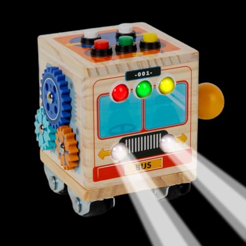 Hobngmuc Holzaktivität Würfel, geschäftiger Aktivität Würfel - Bus -sensorische Brett mit LED -Licht | Tragbares Feinmotorikspiel, Kinder -Lernaktivitäten für Kinder, die Spielzeuge für das von Hobngmuc