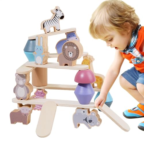 Hobngmuc Holzbalancespielzeug, Holztierblöcke | Holzbalance -Spielzeug -Stapelspiel mit Tierfiguren - Pädagogische sichere Holzblöcke für Kinder Mädchen Vorschulkinder Lernen feine motorische von Hobngmuc