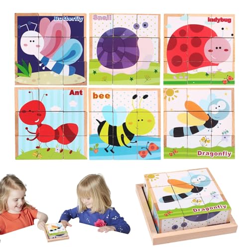 Hobngmuc Holzwürfel-Puzzle, Holzwürfel-Puzzle für Kleinkinder,6 Muster Puzzle Puzzle Block Kinder | Interaktives Puzzle-Bauwürfelspielzeug mit Ablagefach für und Mädchen im Alter von 3–6 Jahren von Hobngmuc