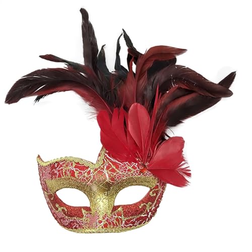 Hobngmuc Maske Für Halloween Mit Federn, Frauen Halloween Kostüm Gesichtsabdeckung, Feder Halb Gesicht Abdeckung, Karneval Abschlussball Für Maskerade, Kostüm-Maske Für Cosplay (Rot) von Hobngmuc