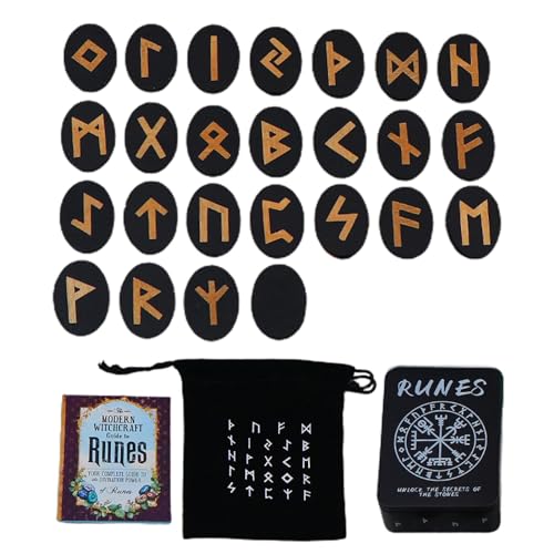 Hobngmuc Runen-Set aus Holz, Hexen-Runen-Set - Altarwerkzeug Runen mit Handbuch und Aufbewahrungstasche | Mythology Rune Divination Game Set, 25-teiliges Holzrunen für Anfänger, Wahrsagerei, von Hobngmuc