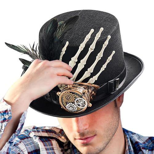 Hobngmuc Schwarzer Steampunk-Hut, Steampunk-Zylinder | Skelett Hand Vintage Zylinder,Gothic-Kostüme mit Blumen, schwarze Kostüme für Festivals, Halloween von Hobngmuc