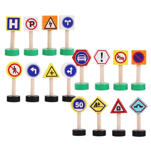 Hobngmuc Straßenverkehrsschild Spielzeug, Verkehrsschilder für Kinder - 16x Kinder Verkehrszeichen Playset,Frühes Lernspiel, Crosswalk -Signalblöcke, Holzstop -Sicherheitsspiel für Bildung von Hobngmuc